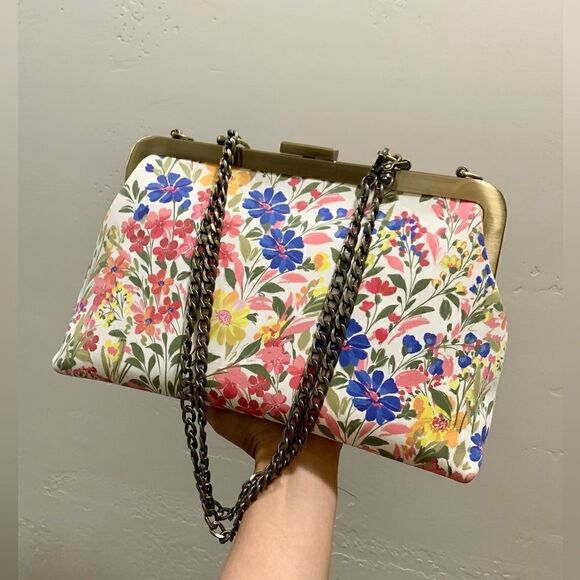 Handmade Genuine Nubuck Calfskin Floral Print Push-lock Bag & 2 Chains Style - Picture 10 of 16